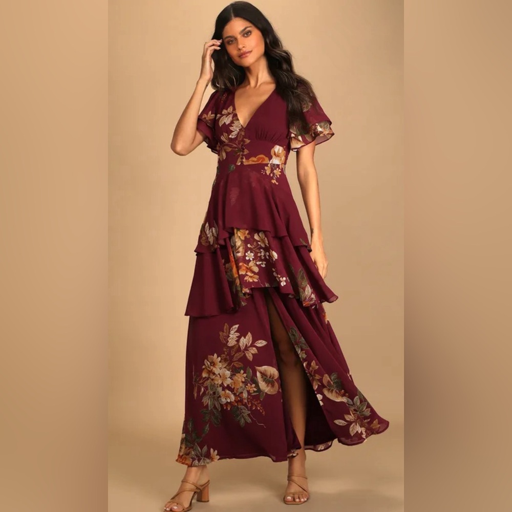 Midnight Mood Burgundy Floral Print Tiered Maxi Dress